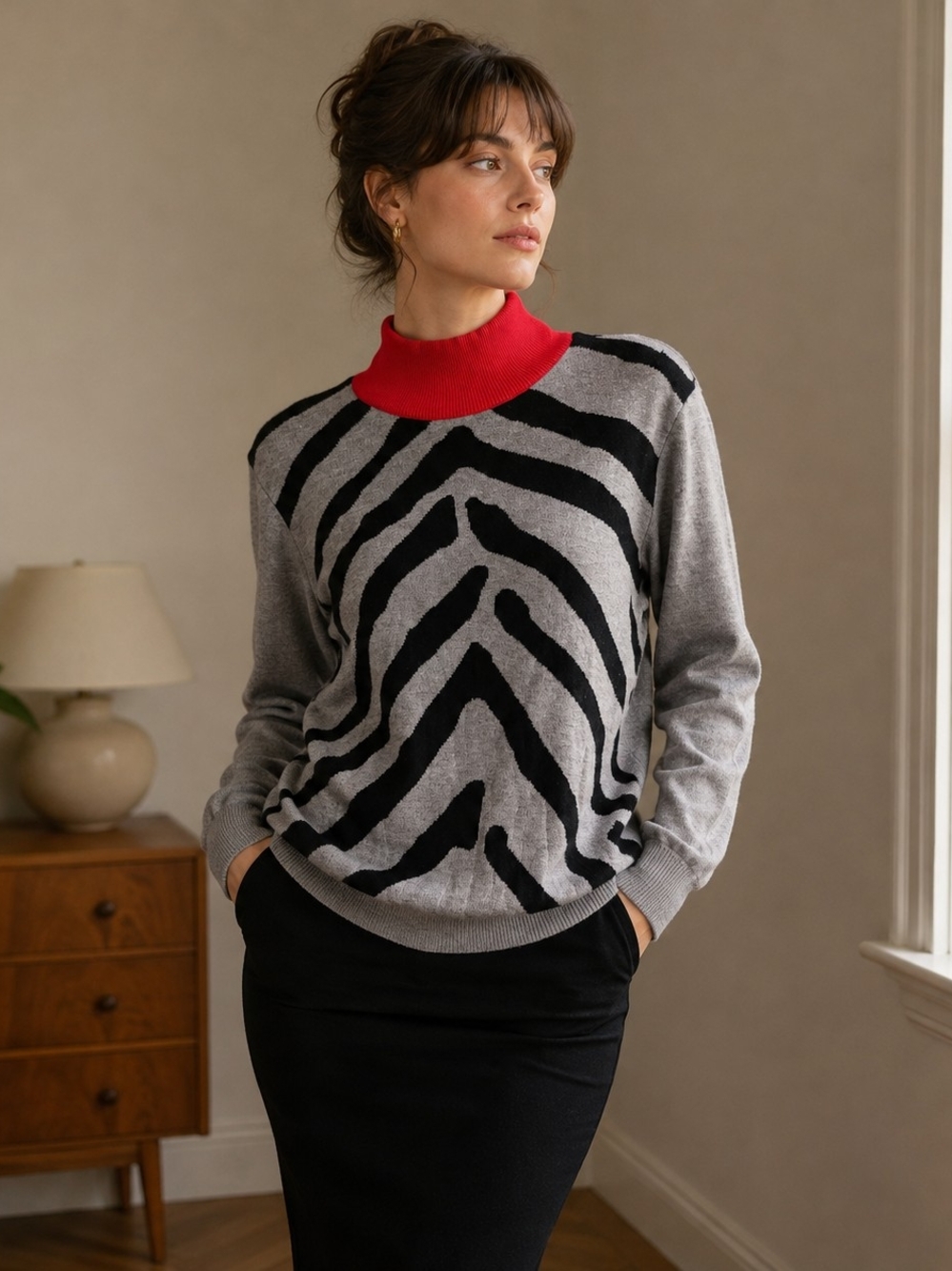 Carlisle Grey Zebra-Print Cashmere Sweater with Red Mock Neck